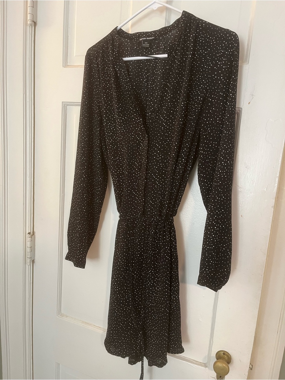 Black Tiny Polka Dot Dress with Long Sleeves and Drawstring Cinch Waist